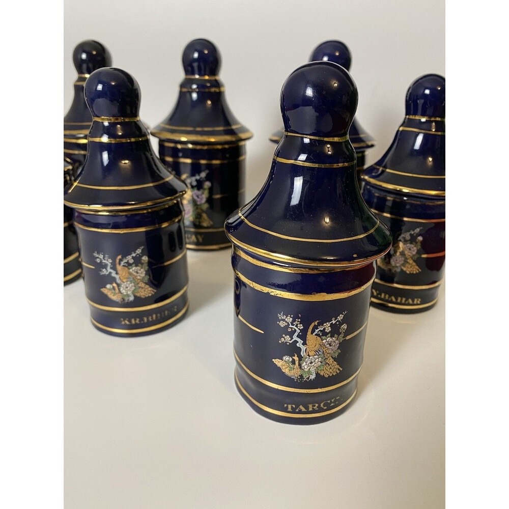 Sir Seramik Set 7 Spice Jars Cobalt Gold, Turkey Art Deco Colorful Canisters